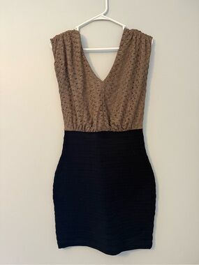 Express Sleeveless V-Neck Two-Tone Lace/Bandage Dress in Brown and Black